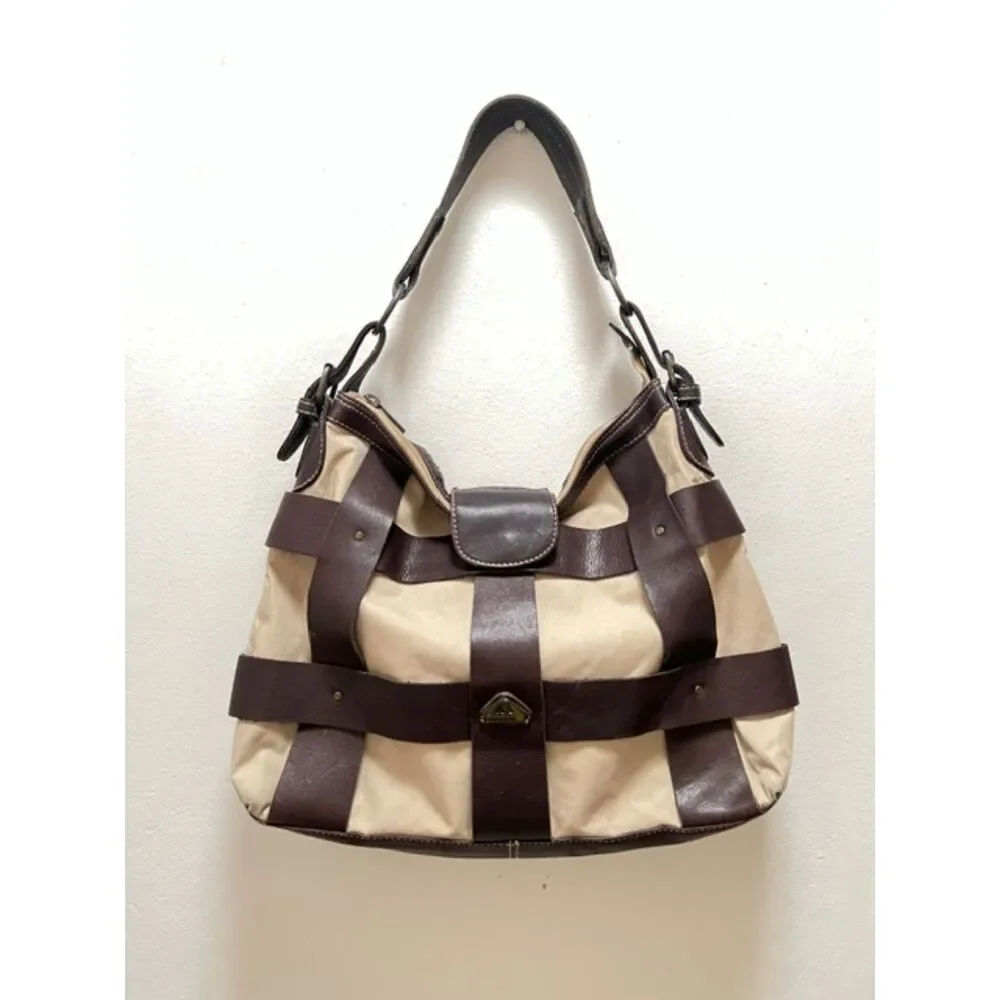 HARA Colombian Genuine Leather Trim Shoulder Bag Beige Brown Equestrian Style